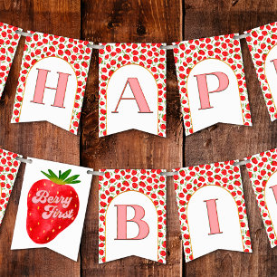 Gold Red Strawberry Berry First Happy Birthday Bunting