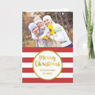 Gold Red Stripes Merry Christmas New Address Holiday Card