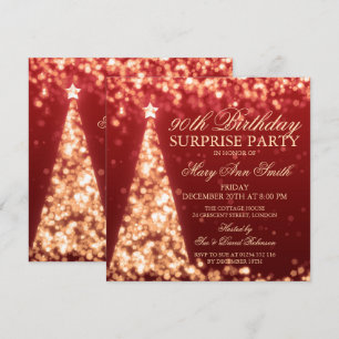 Gold Red Surprise 90th Birthday Christmas Lights Invitation