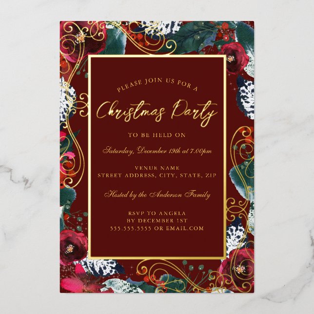 Gold Red Swirl Flower Frame Christmas Party (Front)