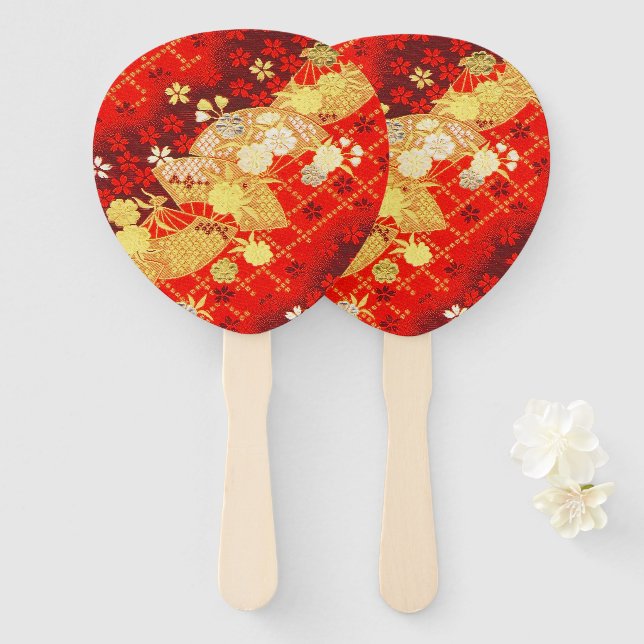 Gold Red Traditional Japanese Floral Sakura  Hand Fan (Front and Back)