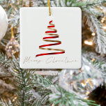 Gold Red Tree Photo Script Merry Christmas Ceramic Ornament<br><div class="desc">Gold Red Tree Script Merry Christmas is in a stylish set handwritten style and an artsy illustration of a simple ribbon-like Christmas tree is above it. Replace the sample photo on the back with your own.</div>