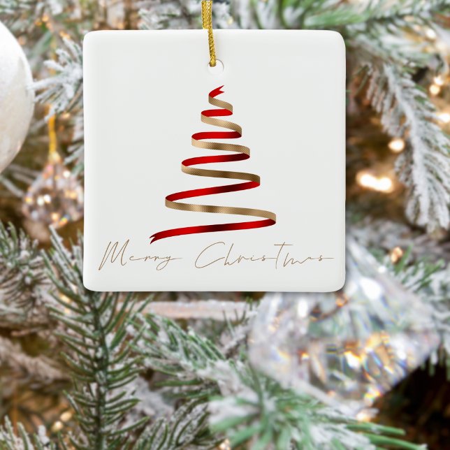 Gold Red Tree Photo Script Merry Christmas Ceramic Ornament (Add your photo on the back)