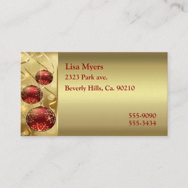 Gold & Red Twinkling Christmas Ornaments Business Card (Front)