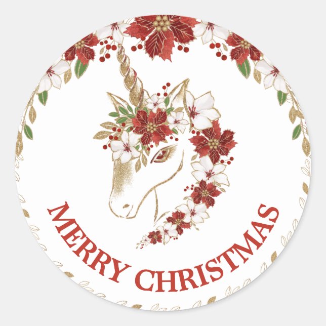 Gold & Red Unicorn & Poinsettia Christmas Classic Round Sticker (Front)