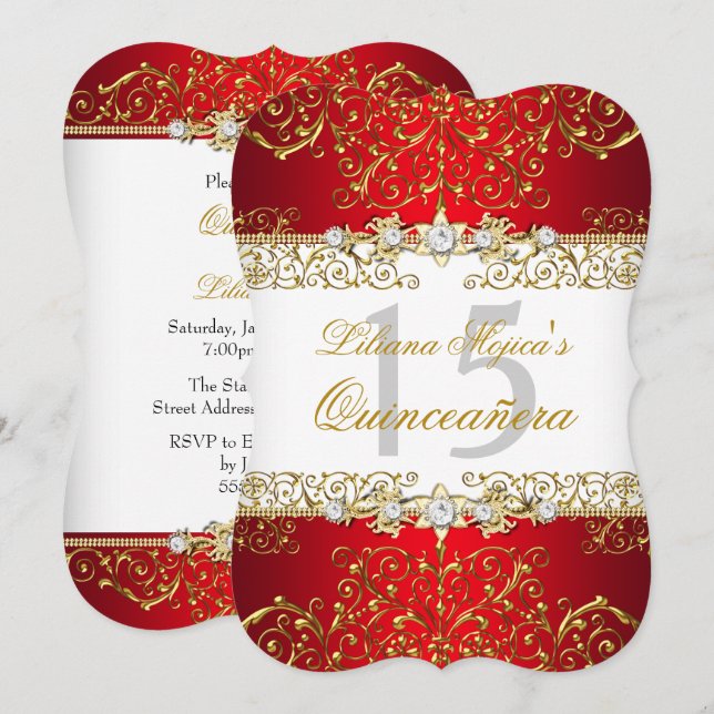 Gold Red Vintage Glamour Quinceanera Invitation (Front/Back)