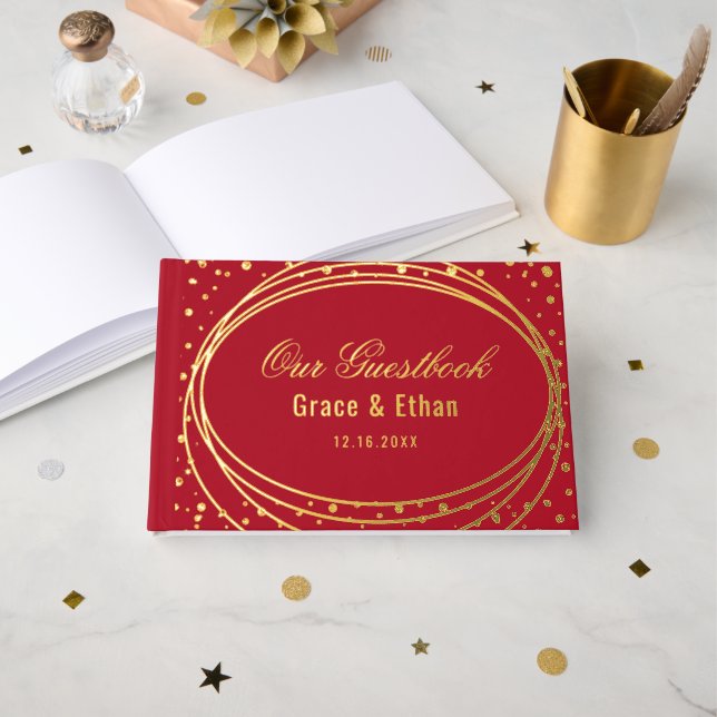 Gold Red Wedding Real Gold Foil Guest Book (Front Open)