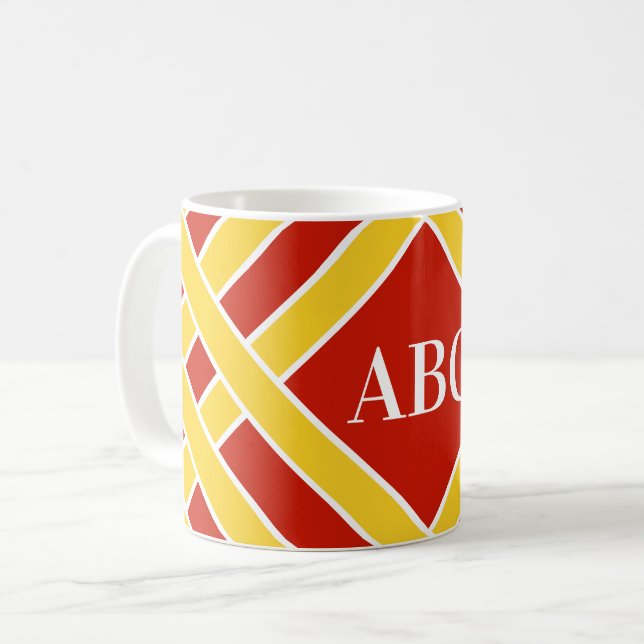 Gold/red/white bands, stripes, customise initials coffee mug (Front Left)