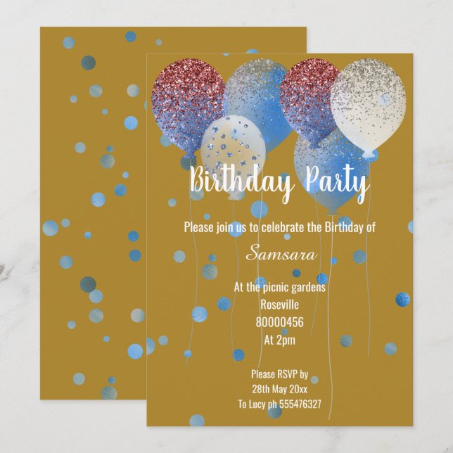 GOLD RED WHITE & BLUE BIRTHDAY BALLOON  INVITATION (Front/Back)