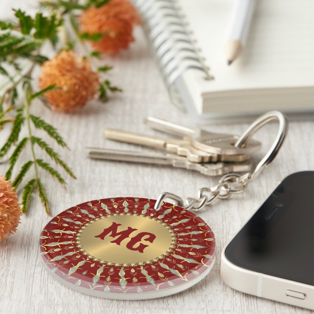 Gold Red White Diamonds Custom Monogram Key Ring (Front Right)