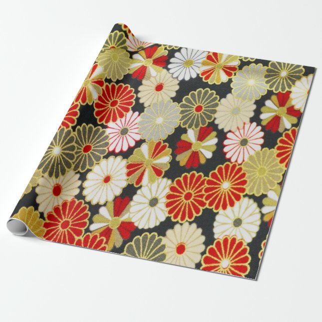 Gold Red White Japanese Kimono Floral Decoupage  Wrapping Paper (Unrolled)