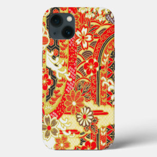 Gold Red White Japanese Kimono Floral Flower iPhone 13 Case