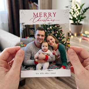 Gold Red White Snowflakes Merry Christmas Photo Holiday Card