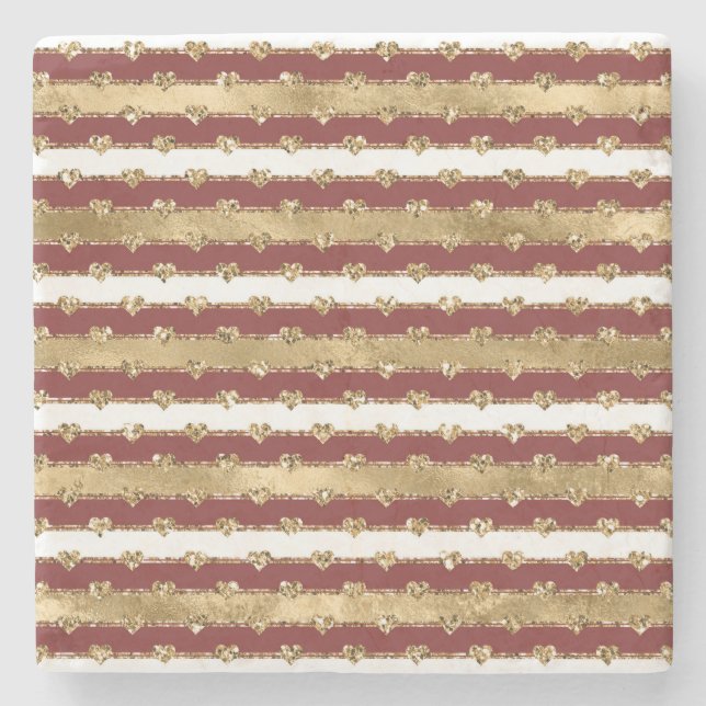 Gold Red White Stripes Glitter Hearts    Stone Coaster (Front)