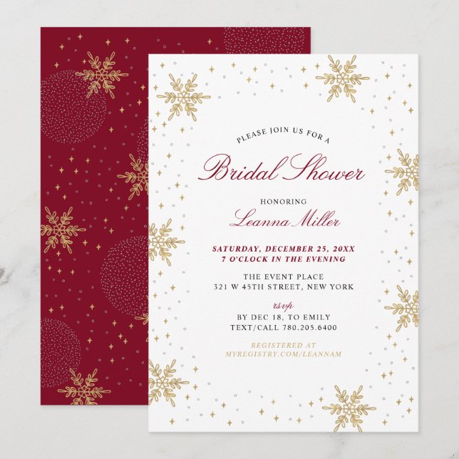 Gold & Red Winter Christmas Bridal Wedding Shower  Invitation (Front/Back)