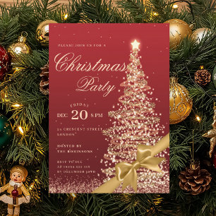 Gold Red Winter Christmas Tree Bow Holiday Party Invitation