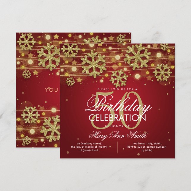 Gold Red Winter Glitter Glam 50th Birthday Invitation (Front/Back)