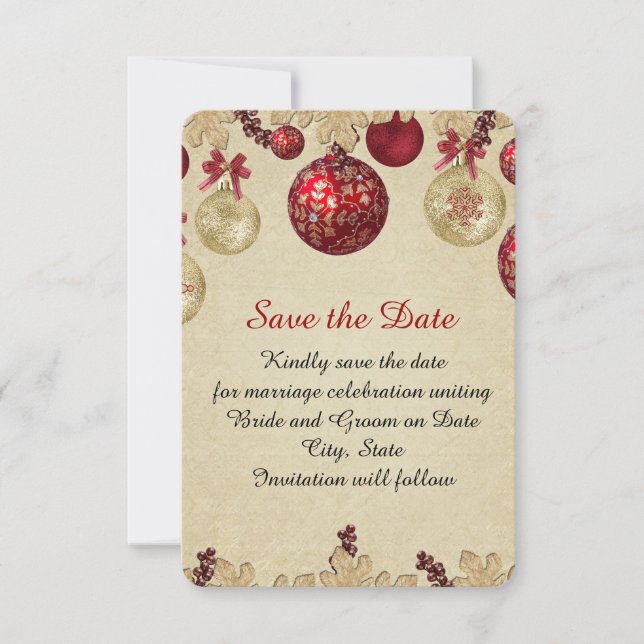 Gold/Red Winter Holiday Ornaments Save the date (Front)