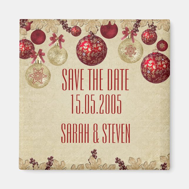 Gold/Red Winter Holiday Ornaments Save the date Magnet (Front)