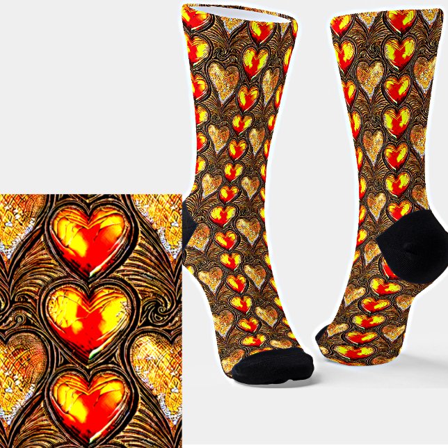 Gold Red Yellow Metallic Effect Hearts 3D on Brown Socks (Creator Uploaded)