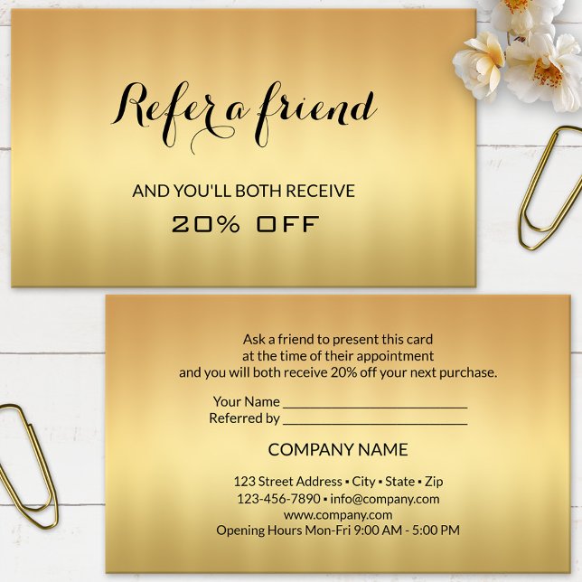 Gold Referral Tell A Friend Business Card (Elegant referral business card featuring a minimalist gold printed design.)