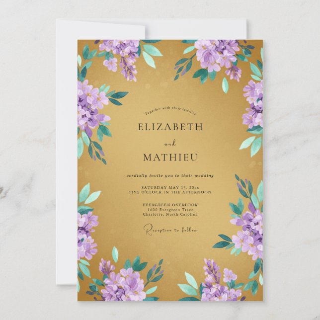 Gold Regal Lavender Spring Wedding Invitation (Front)