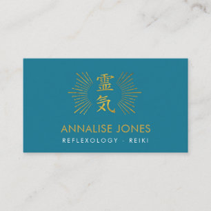 Gold Reiki Healing Symbol on teal blue Business Card