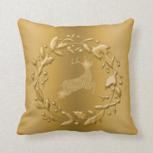 Gold Reindeer and Wreath Christmas Cushion