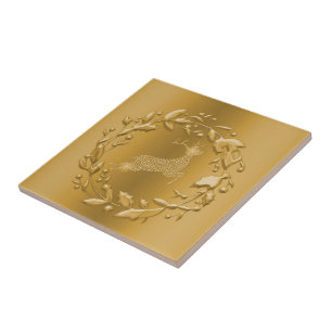 Gold Reindeer and Wreath Christmas Tile