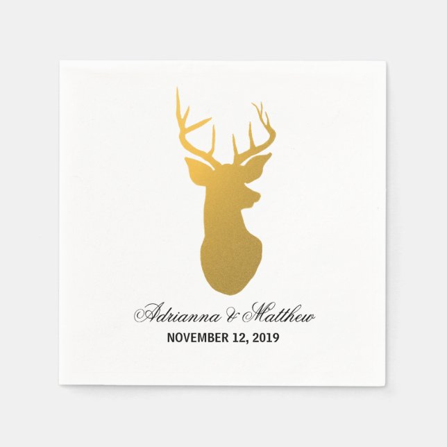 Gold Reindeer Antler Modern Silhouette Wedding Napkin (Front)