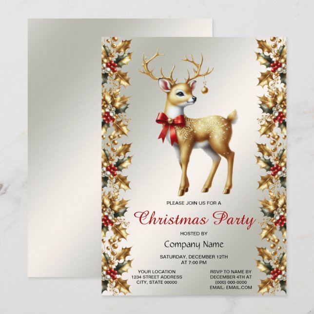 Gold Reindeer Christmas Party Invitation (Front/Back)