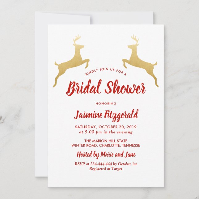 Gold Reindeer | Christmas | Wedding Bridal Shower Invitation (Front)