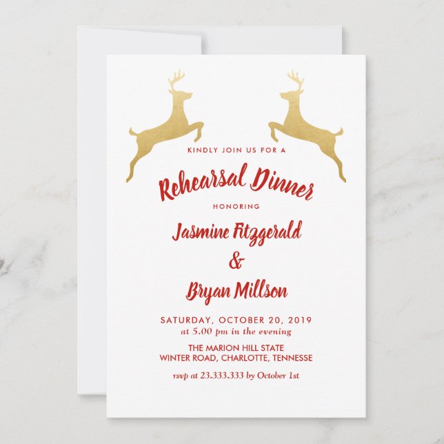 Gold Reindeer | Christmas Wedding Rehearsal Dinner Invitation (Front)