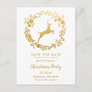 Gold Reindeer Christmas   Wreath Holiday Party Announcement Postcard