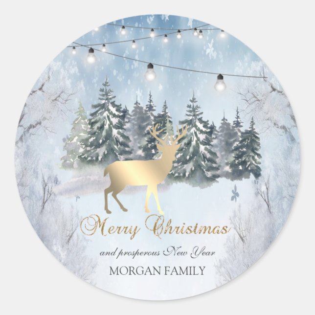 Gold Reindeer,Forest,String Lights Landscape  Classic Round Sticker (Front)