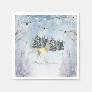 Gold Reindeer,Forest,String Lights Landscape Napkin