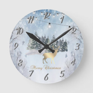 Gold Reindeer,Forest,String Lights Landscape Round Clock