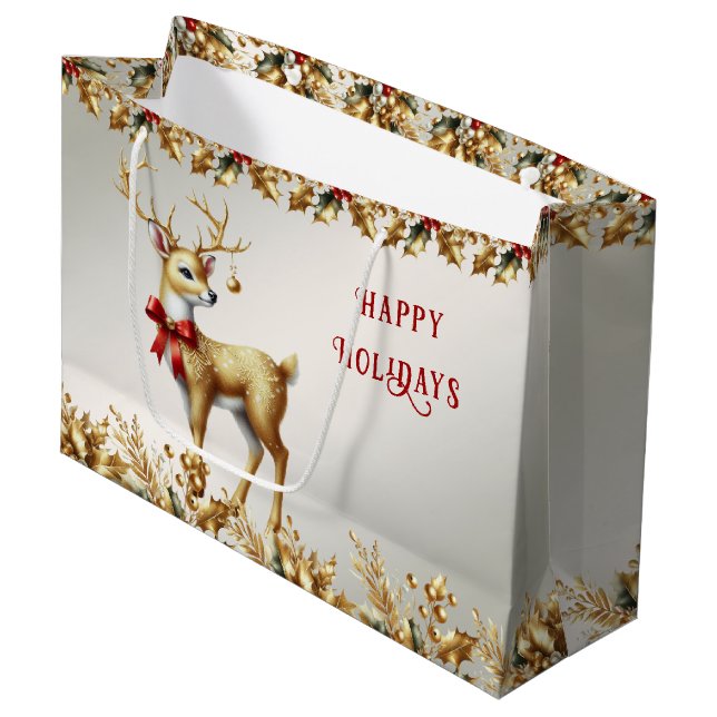 Gold Reindeer Holiday Gift Bag (Front Angled)
