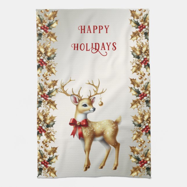 Gold Reindeer Holiday Kitchen Towel (Vertical)