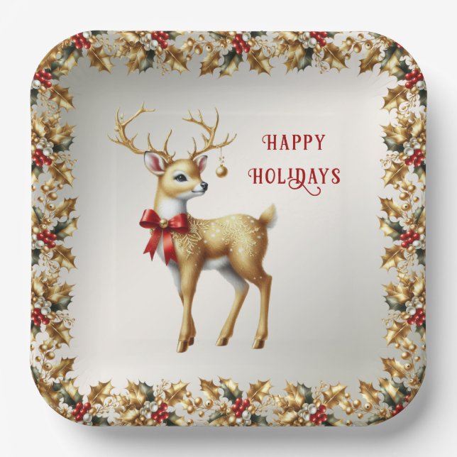 Gold Reindeer Holiday Paper Plate (Front)