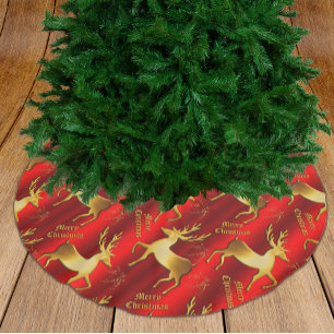 Gold Reindeer Merry Christmas Red Brushed Polyester Tree Skirt