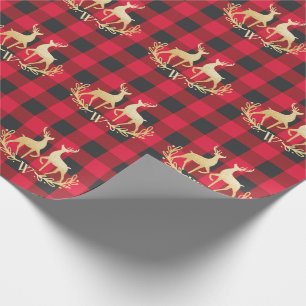 Gold Reindeer Monogram Red Buffalo Plaid Christmas Wrapping Paper