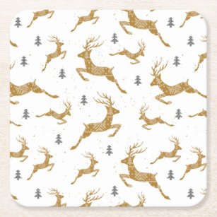 Gold Reindeer Pattern Square Paper Coaster