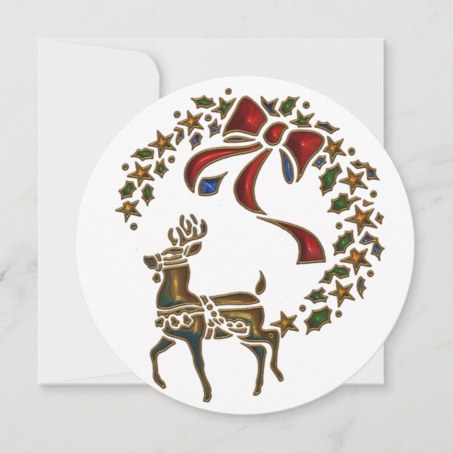 Gold Reindeer Radiance Round Christmas Holiday Card (Front)