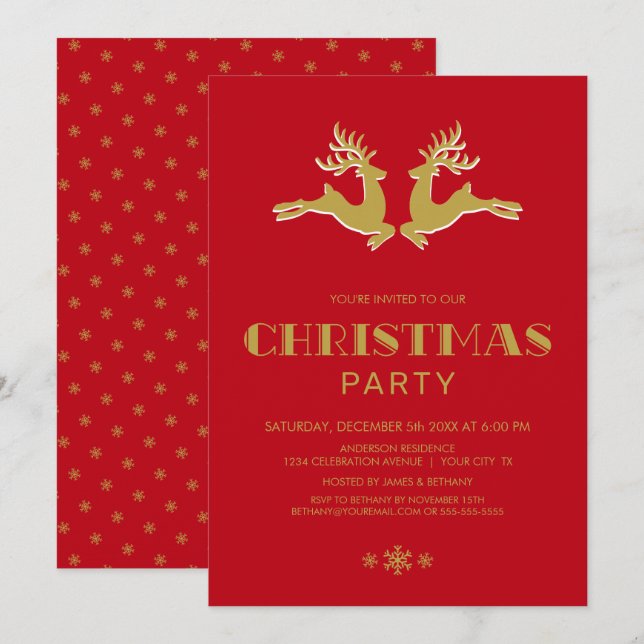Gold Reindeer Red Christmas Party Invitation (Front/Back)