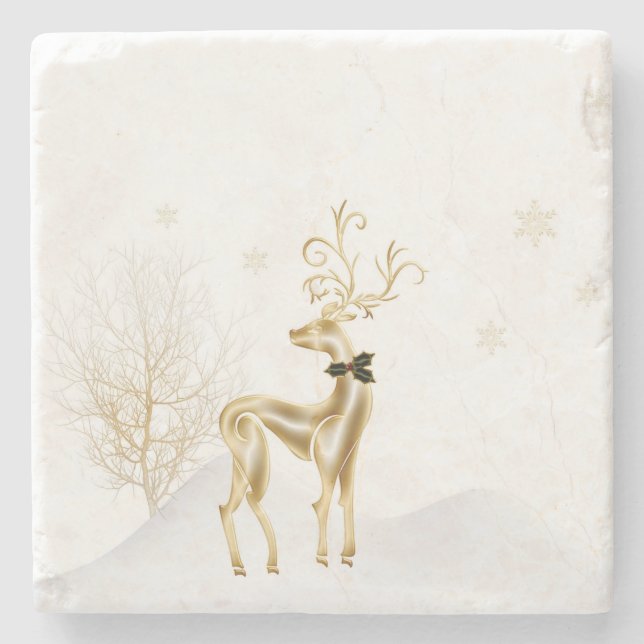 Gold Reindeer, Winter Scene Stone Coaster (Front)