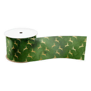 Gold Reindeers on Dark Green Satin Ribbon
