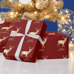Gold Reindeers Red Merry Christmas Wrapping Paper