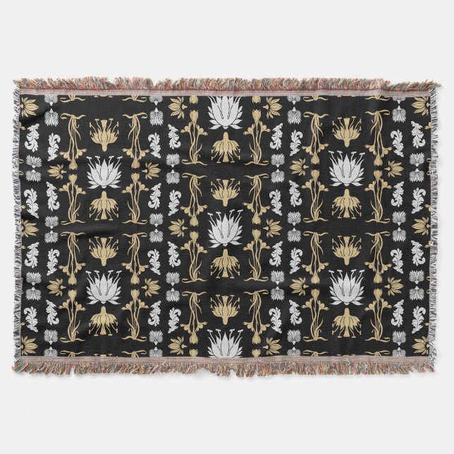 Gold Retro Art Nouveau Print Throw Blanket (Front)
