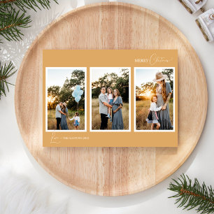 Gold Retro Boho Minimalist Five Photo Collage Holiday Card